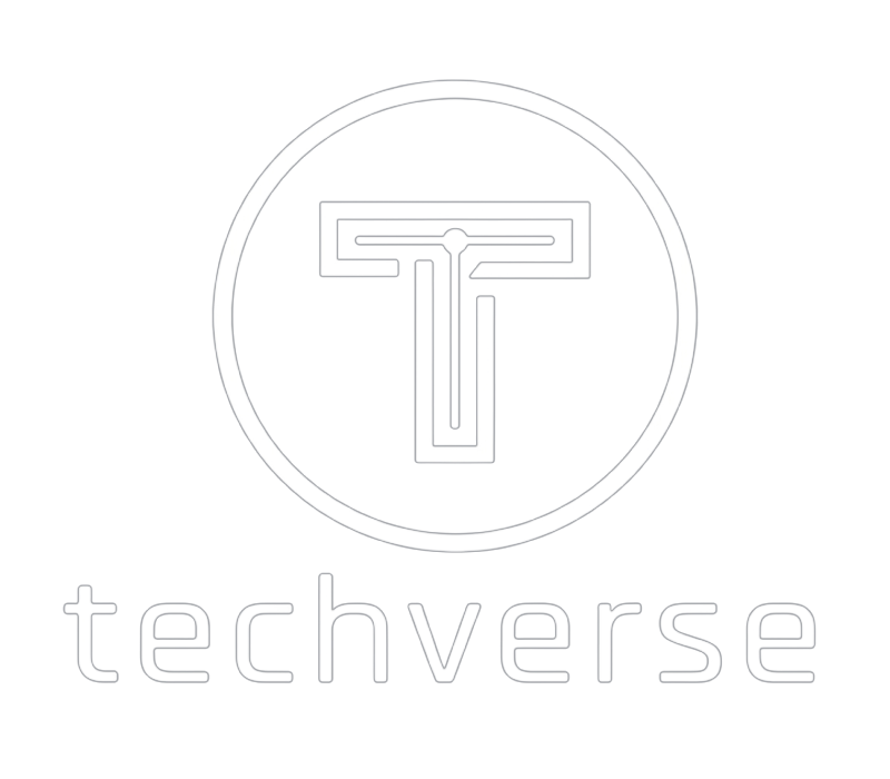 TechVerse — logotipo corporativo blanco de consultoría e ingeniería tecnológica empresarial